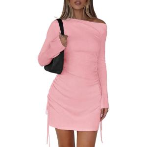 imagePRETTYGARDEN Womens 2025 Fall Off The Shoulder Dresses Casual Long Sleeve Ruched Side Slit Cocktail Party Bodycon Mini DressPink