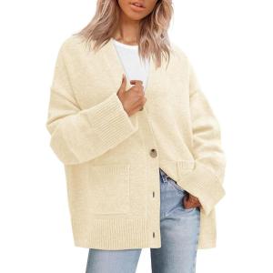 imagePRETTYGARDEN Womens 2025 Oversized Cardigan Sweaters Trendy Chunky Knit Long Sleeve V Neck Button Down Fall Winter OutfitsBeige