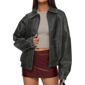 imagePRETTYGARDEN Faux Leather Jacket Women Bomber Motorcycle Zip Up Jackets Oversized Fall Fashion Outfits 2025 Winter CoatsGrey