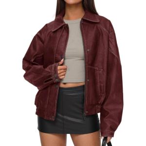 imagePRETTYGARDEN Faux Leather Jacket Women Bomber Motorcycle Zip Up Jackets Oversized Fall Fashion Outfits 2025 Winter CoatsWine Red