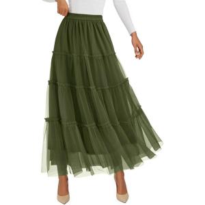 imagePRETTYGARDEN Maxi Skirts for Women 2025 Fall Tulle High Waisted Ruffle Flowy ALine Long Skirt Country Concert OutfitsArmy Green