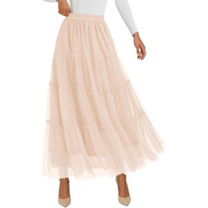 imagePRETTYGARDEN Maxi Skirts for Women 2025 Fall Tulle High Waisted Ruffle Flowy ALine Long Skirt Country Concert OutfitsBeige