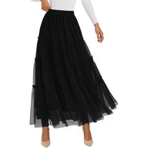 imagePRETTYGARDEN Maxi Skirts for Women 2025 Fall Tulle High Waisted Ruffle Flowy ALine Long Skirt Country Concert OutfitsBlack