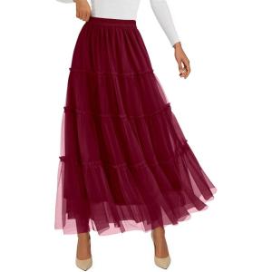 imagePRETTYGARDEN Maxi Skirts for Women 2025 Fall Tulle High Waisted Ruffle Flowy ALine Long Skirt Country Concert OutfitsBurgundy