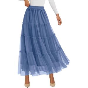 imagePRETTYGARDEN Maxi Skirts for Women 2025 Fall Tulle High Waisted Ruffle Flowy ALine Long Skirt Country Concert OutfitsGrey Blue