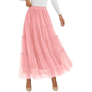 imagePRETTYGARDEN Maxi Skirts for Women 2025 Fall Tulle High Waisted Ruffle Flowy ALine Long Skirt Country Concert OutfitsLight Pink