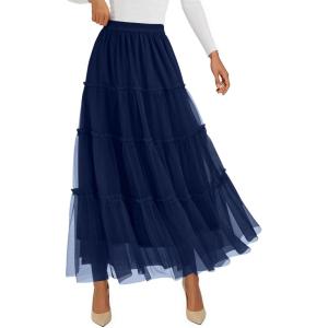 imagePRETTYGARDEN Maxi Skirts for Women 2025 Fall Tulle High Waisted Ruffle Flowy ALine Long Skirt Country Concert OutfitsNavy Blue