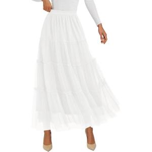 imagePRETTYGARDEN Maxi Skirts for Women 2025 Fall Tulle High Waisted Ruffle Flowy ALine Long Skirt Country Concert OutfitsWhite