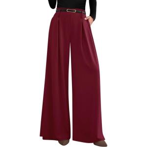 imagePRETTYGARDEN Womens Fall Wide Leg Trousers 2025 High Elastic Waist Loose Pleated Long Flowy Palazzo Work Pants with PocketsWine Red