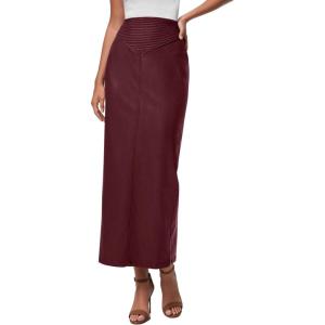 imagePRETTYGARDEN Womens Faux Leather Long Skirt 2025 Fall Trendy Clothes High Waist Dressy Casual Pencil Maxi Skirts with SlitBurgundy