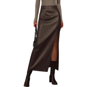 imagePRETTYGARDEN Womens Faux Leather Skirts 2025 Fall Fashion Bodycon High Waisted Slit Winter Maxi Long Pencil SkirtBrown