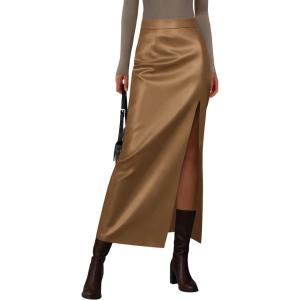 imagePRETTYGARDEN Womens Faux Leather Skirts 2025 Fall Fashion Bodycon High Waisted Slit Winter Maxi Long Pencil SkirtCamel