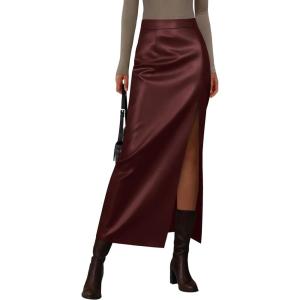 imagePRETTYGARDEN Womens Faux Leather Skirts 2025 Fall Fashion Bodycon High Waisted Slit Winter Maxi Long Pencil SkirtDark Burgundy