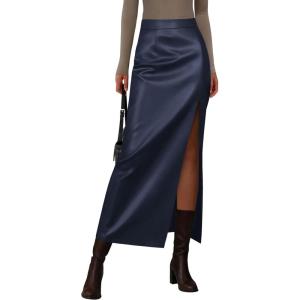 imagePRETTYGARDEN Womens Faux Leather Skirts 2025 Fall Fashion Bodycon High Waisted Slit Winter Maxi Long Pencil SkirtNavy Blue