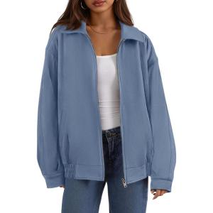 imagePRETTYGARDEN Womens Faux Suede Motorcycle Jacket Trendy Fall Fashion 2025 Oversized Zip Up Coats Winter Clothes OuterwearDusty Blue