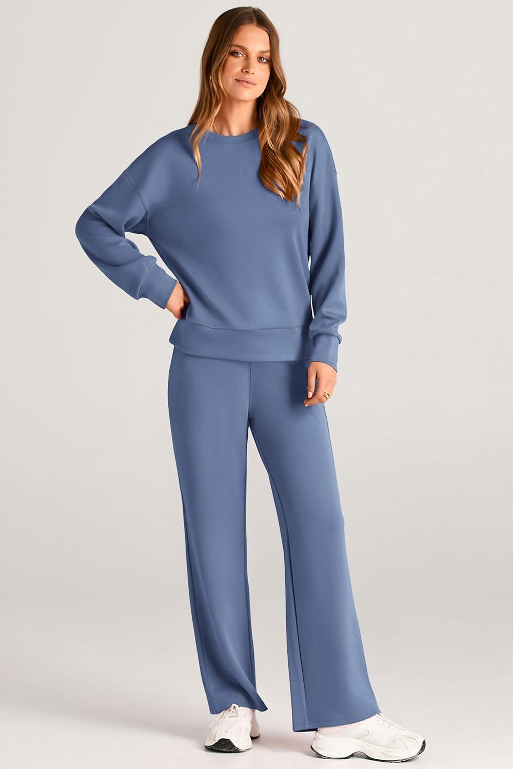 imagePRETTYGARDEN Womens 2 Piece Outfits 2025 Fall Long Sleeve Sweatshirt Wide Leg Pants Lounge Sets Winter Sweatsuits TracksuitGrey Blue