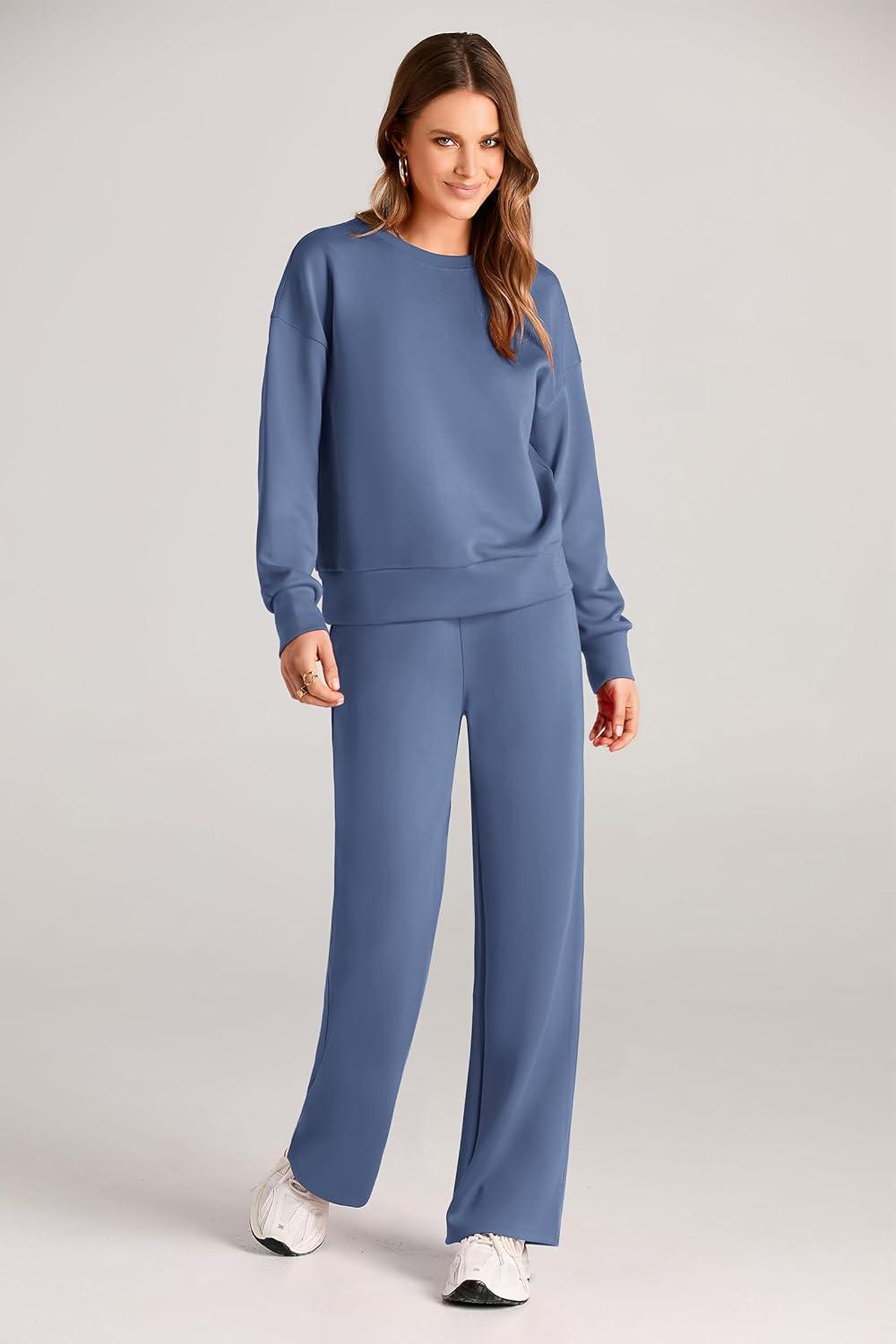 imagePRETTYGARDEN Womens 2 Piece Outfits 2025 Fall Long Sleeve Sweatshirt Wide Leg Pants Lounge Sets Winter Sweatsuits TracksuitGrey Blue