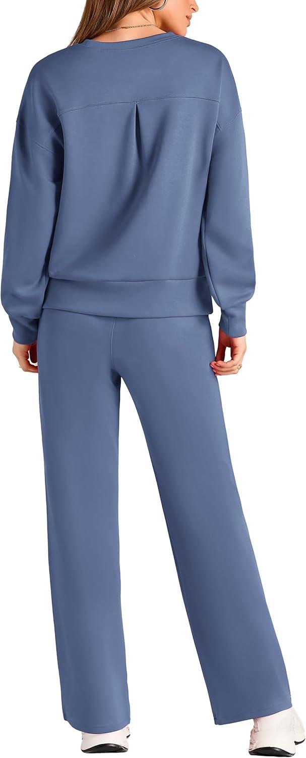 imagePRETTYGARDEN Womens 2 Piece Outfits 2025 Fall Long Sleeve Sweatshirt Wide Leg Pants Lounge Sets Winter Sweatsuits TracksuitGrey Blue