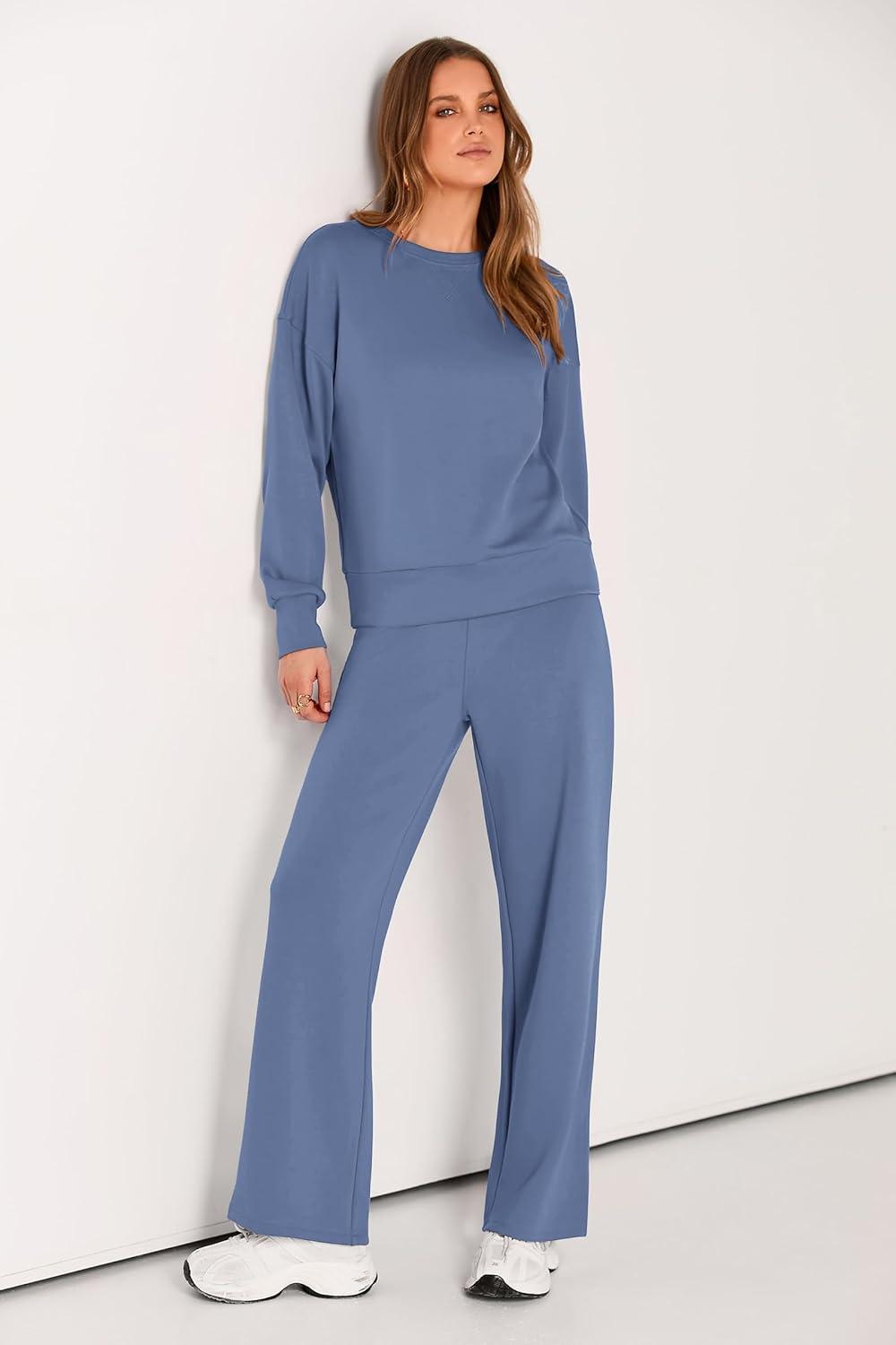imagePRETTYGARDEN Womens 2 Piece Outfits 2025 Fall Long Sleeve Sweatshirt Wide Leg Pants Lounge Sets Winter Sweatsuits TracksuitGrey Blue