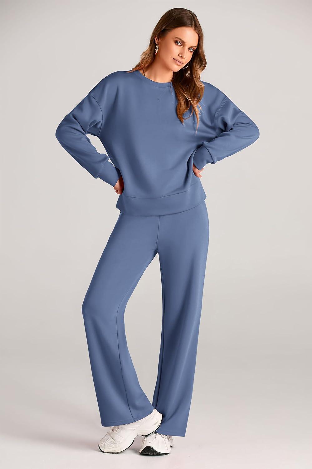 imagePRETTYGARDEN Womens 2 Piece Outfits 2025 Fall Long Sleeve Sweatshirt Wide Leg Pants Lounge Sets Winter Sweatsuits TracksuitGrey Blue