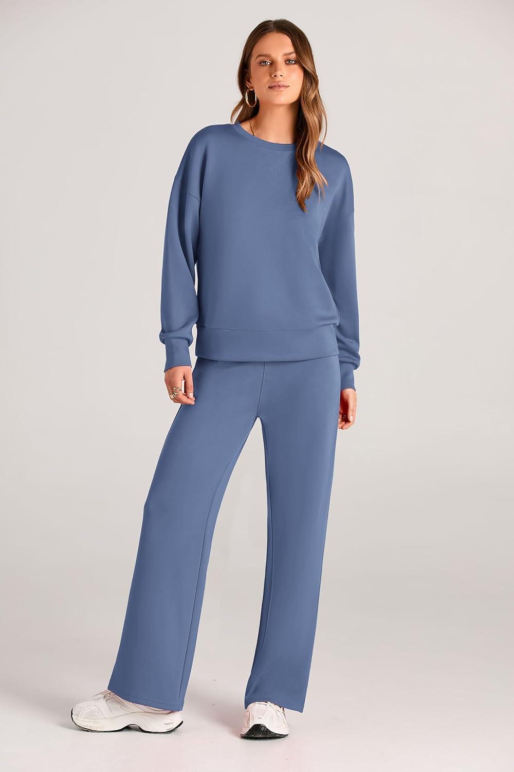 imagePRETTYGARDEN Womens 2 Piece Outfits 2025 Fall Long Sleeve Sweatshirt Wide Leg Pants Lounge Sets Winter Sweatsuits TracksuitGrey Blue