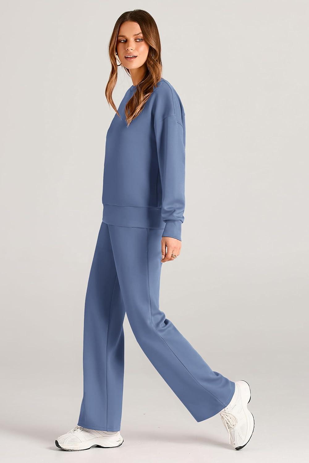 imagePRETTYGARDEN Womens 2 Piece Outfits 2025 Fall Long Sleeve Sweatshirt Wide Leg Pants Lounge Sets Winter Sweatsuits TracksuitGrey Blue