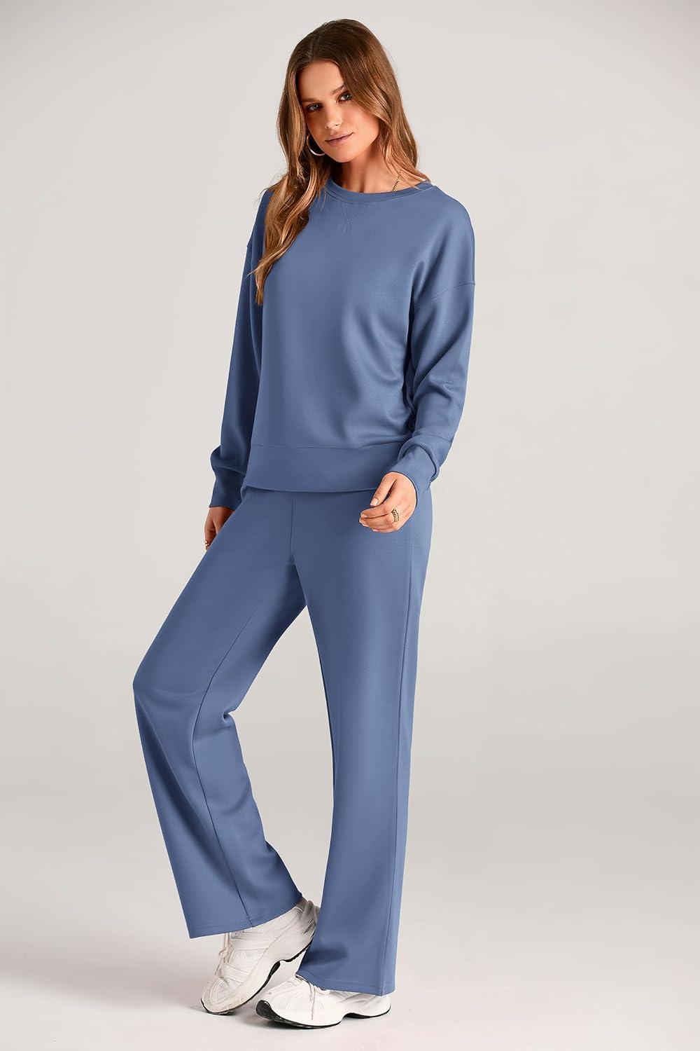imagePRETTYGARDEN Womens 2 Piece Outfits 2025 Fall Long Sleeve Sweatshirt Wide Leg Pants Lounge Sets Winter Sweatsuits TracksuitGrey Blue
