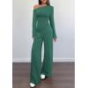 imagePRETTYGARDEN Casual Two Piece Sets for Women Fall Outfits 2025 Asymmetrical Off Shoulder Tops Wide Leg Pants Knit Lounge SetDark Green