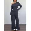 imagePRETTYGARDEN Casual Two Piece Sets for Women Fall Outfits 2025 Asymmetrical Off Shoulder Tops Wide Leg Pants Knit Lounge SetNavy