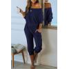 imagePRETTYGARDEN Two Piece Sets for Women Fall 2025 Ribbed Knit Off Shoulder Tops Lounge Pants Tracksuit Fashion ClothingDark Sea Blue
