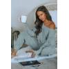 imagePRETTYGARDEN Two Piece Sets for Women Fall 2025 Ribbed Knit Off Shoulder Tops Lounge Pants Tracksuit Fashion ClothingLight Grey Blue