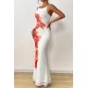 imagePRETTYGARDEN Womens Summer Dresses 2025 Elegant Spaghetti Straps Evening Gown Floral Print Bodycon Maxi Mesh SundressWhite and Orange Floral