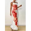 imagePRETTYGARDEN Womens Summer Dresses 2025 Elegant Spaghetti Straps Evening Gown Floral Print Bodycon Maxi Mesh SundressWhite and Orange Floral