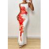 imagePRETTYGARDEN Womens Summer Dresses 2025 Elegant Spaghetti Straps Evening Gown Floral Print Bodycon Maxi Mesh SundressWhite and Orange Floral