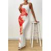 imagePRETTYGARDEN Womens Summer Dresses 2025 Elegant Spaghetti Straps Evening Gown Floral Print Bodycon Maxi Mesh SundressWhite and Orange Floral
