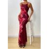 imagePRETTYGARDEN Womens Summer Dresses 2025 Elegant Spaghetti Straps Evening Gown Floral Print Bodycon Maxi Mesh SundressWine Red and Red Floral