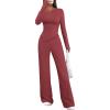 imagePRETTYGARDEN Casual Two Piece Sets for Women Fall Outfits 2025 Asymmetrical Off Shoulder Tops Wide Leg Pants Knit Lounge SetWine Red