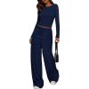 imagePRETTYGARDEN Womens 2 Piece Lounge Sets 2025 Fall Fashion Long Sleeve Crop Top Wide Leg Pants Matching Sets ClothingNavy