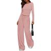 imagePRETTYGARDEN Womens 2 Piece Lounge Sets 2025 Fall Fashion Long Sleeve Crop Top Wide Leg Pants Matching Sets ClothingPink