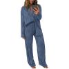 imagePRETTYGARDEN Womens 2 Piece Sets 2025 Fall Casual Textured Button Down Shirt Wide Leg Pants Outfits Loungewear TracksuitGrey Blue