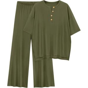 imagePRETTYGARDEN 2 Piece Lounge Sets for Women Summer 2025 Short Sleeve Tops Wide Leg Pants Matching Travel Outfits ClothingArmy Green