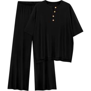 imagePRETTYGARDEN 2 Piece Lounge Sets for Women Summer 2025 Short Sleeve Tops Wide Leg Pants Matching Travel Outfits ClothingBlack