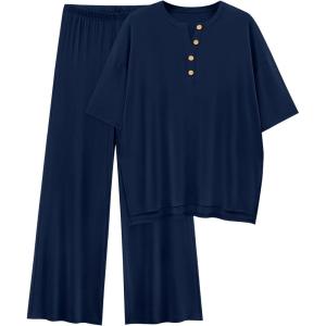 imagePRETTYGARDEN 2 Piece Lounge Sets for Women Summer 2025 Short Sleeve Tops Wide Leg Pants Matching Travel Outfits ClothingNavy