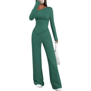 imagePRETTYGARDEN Casual Two Piece Sets for Women Fall Outfits 2025 Asymmetrical Off Shoulder Tops Wide Leg Pants Knit Lounge SetDark Green
