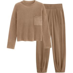 imagePRETTYGARDEN Two Piece Sets for Women 2025 Pullover Sweater High Waisted Sweatpants Tracksuit Lounge Set Fall Winter OutfitsKhaki