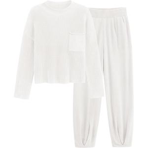 imagePRETTYGARDEN Two Piece Sets for Women 2025 Pullover Sweater High Waisted Sweatpants Tracksuit Lounge Set Fall Winter OutfitsWhite