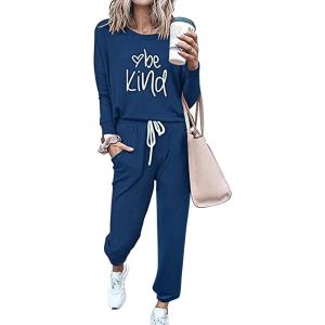 imagePRETTYGARDEN Women Fall 2 Piece Lounge Outfit Long Sleeve Tops High Waisted Jogger Pants Set Spring Travel Clothes TracksuitPatterneddark Blue