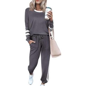 imagePRETTYGARDEN Women Fall 2 Piece Lounge Outfit Long Sleeve Tops High Waisted Jogger Pants Set Spring Travel Clothes TracksuitStriped Dark Grey