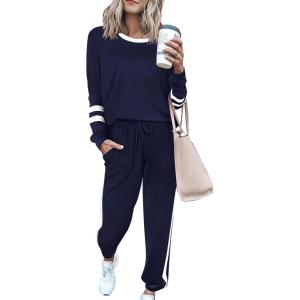 imagePRETTYGARDEN Women Fall 2 Piece Lounge Outfit Long Sleeve Tops High Waisted Jogger Pants Set Spring Travel Clothes TracksuitStriped Navy