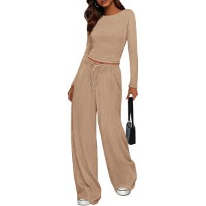 imagePRETTYGARDEN Womens 2 Piece Lounge Sets 2025 Fall Fashion Long Sleeve Crop Top Wide Leg Pants Matching Sets ClothingApricot